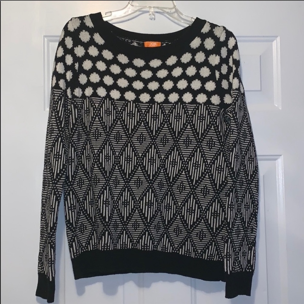 Joe Fresh Black White Pattern Sweater Large Polka Dot Geometric Knit Crewneck